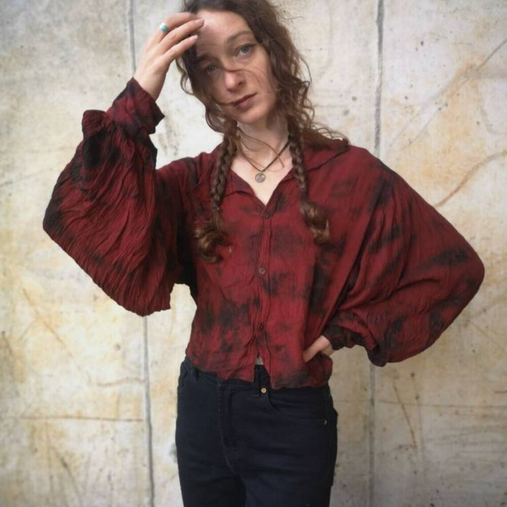 Garden of Heathens Red & Black Tie Dye Billow Sleeve Piratecore/Rogue Blouse
